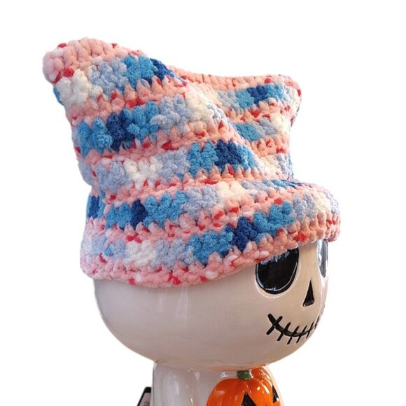 Handmade Pink Blue White Crochet Cat Ear Beanie Hat NEW - Picture 5 of 12